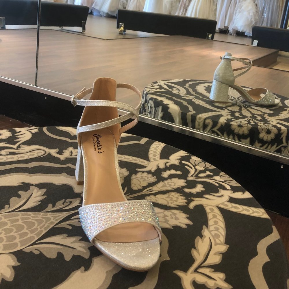 silver sparkly block heel